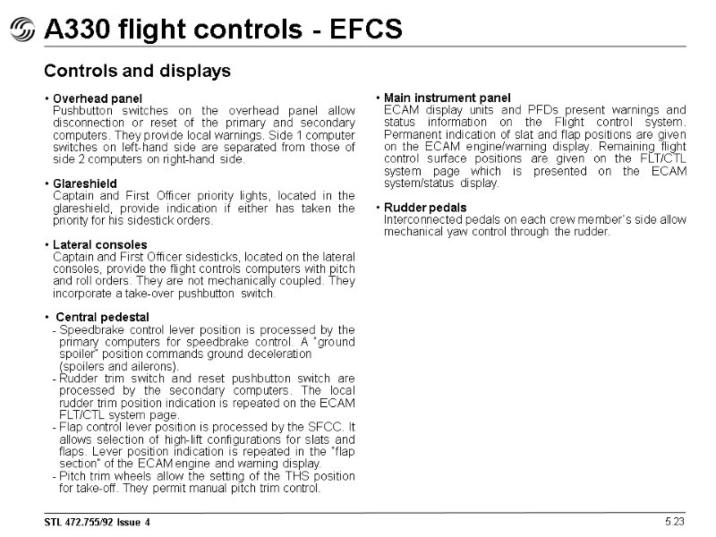 A330 flight controls - EFCS 5.23 Controls and displays Overhead panel  Pushbutton switches
